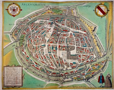 Yksityiskohtainen kartta Strasbourgin kaupungista, jonka on tehnyt Abraham Hogenberg (n. 1608-1653). Kaiverrus 1600-luvun Pariisista B.N. tekijältä Unknown artist