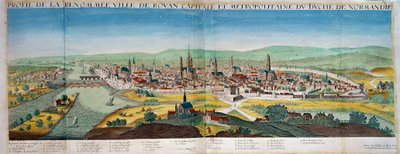 Yksityiskohtainen näkymä Rouenin kaupunkiin Normandiassa. Kaiverrus 1600-luvulta. Paris B.N. tekijältä Unknown artist