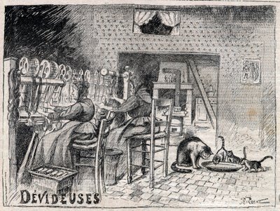 Devideuses - Atelier de Canut - silkkikutojan työpajan sisustus Lyonissa kaiverrus "Le Progres illustrious" -kirjassa vuodelta 1895 tekijältä Unknown artist