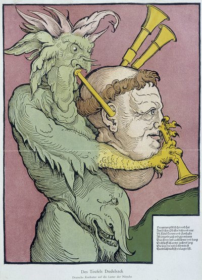 Paholainen soittamassa säkkipilliä munkin päällä - kaiverrus tekijältä Unknown artist