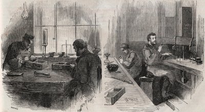 Timanttileikkaus työpajassa Alankomaissa: halkaisukoneet ja kiillotuskoneet - Kaiverrus ”” Le Monde Illustré”” tekijältä Unknown artist