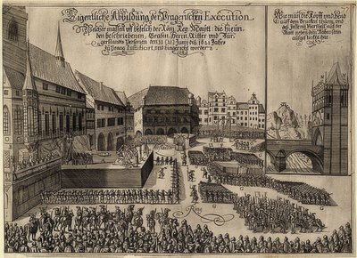 Boheemin kapinallisten teloitus Prahan Vanhankaupungin aukiolla. 1621 tekijältä Unknown