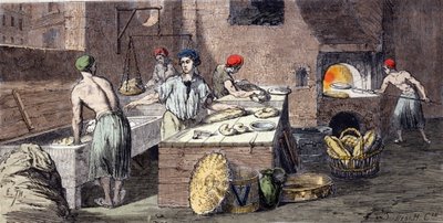 Leipurien eri toiminnot: leipätaikinan silittely, leipien valmistus, leivonta. Kaiverrus 1800-luvulta tekijältä Unknown artist