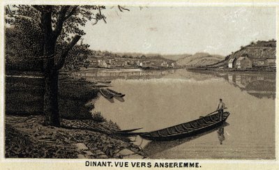 Illallinen, näkymä Anseremmelle ja Lesse-joelle, Belgian Vallonian alueella. 1800-luvun lopun kromolitografia. tekijältä Unknown artist