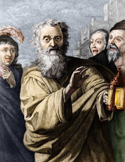 Diogenes (kyyninen filosofi) ja hänen lyhtynsä, jolla hän etsi rehellistä miestä. 1800-luvun kaiverrus. tekijältä Unknown artist