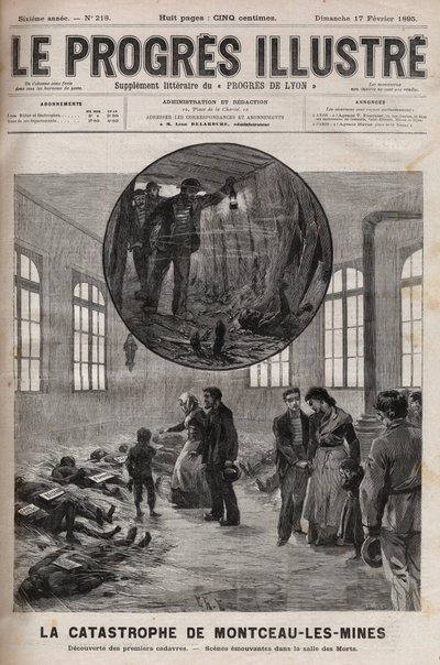 Sainte Eugenien kaivon katastrofi tai Montceau les Minesin (Montceau-les-Mines) katastrofi Burgundiassa vuonna 1895 - kaiverrus kirjaan "Le Progres illustrious" vuodelta 1895 tekijältä Unknown artist