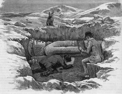 Discovered the colossal statue of Rhamses II. Hieroglyphs are calculated using a mirror reflection. Engraving from 1886. tekijältä Unknown artist