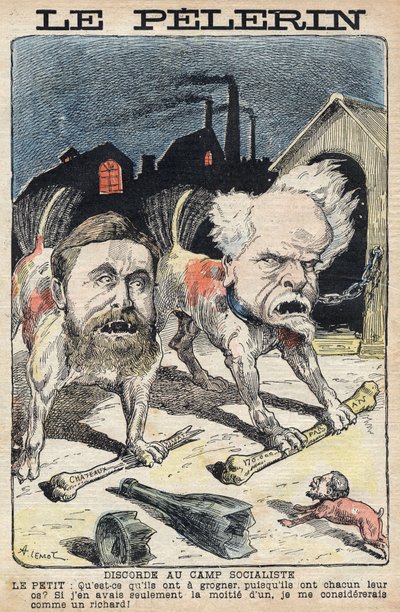 Sosialistien Jean Jauresin (1859-1914) (vas.) ja Henri Rochefortin (1831-1913) (oikealla) väliset kiistat. Kuvitus "" Le Pelerin" -julkaisussa 19. kesäkuuta 1898. tekijältä Unknown artist