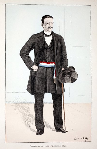 Poliisiosaston komentaja (1896). Etsaus väreillä, havainnollistava "" Rauhanturvaajien joukkojen historia"" -kirja, joka on julkaistu Louis Lepinen (1846-1933) Seinen poliisin prefektin suojeluksessa, Alfred Rey (1864-?) ja Louis Iron tekijältä Unknown artist