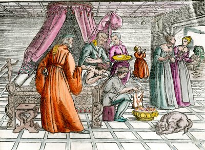 Lääkäri: "" Trepanaatio""" Kirurgi käyttää potilaansa kalloa. Kaiverrus 1500-luvun yksityiskokoelmasta tekijältä Unknown artist