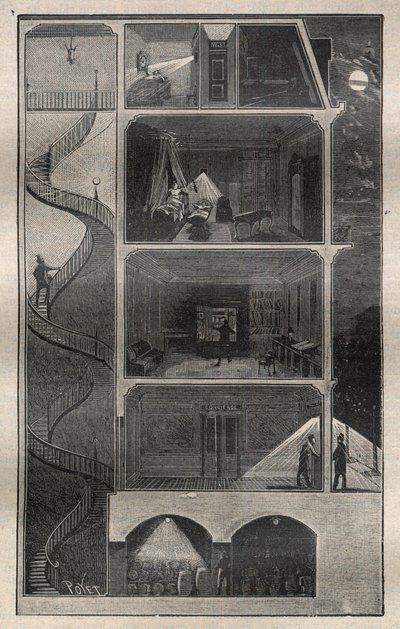 Kotitaloussähkö: Poikkileikkaus sähköllä varustetusta rakennuksesta - Kaiverrus "La Science francaisesta" tekijältä Unknown artist