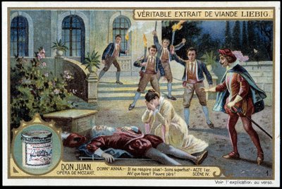 Donna Anna löytää kuolleen isänsä - "" Hän ei enää hengitä! Turha hoito! Mitä tehdä? Köyhä isä! - I näytös, kohtaus 4, Don Juan (Don Giovanni), Mozartin ooppera (1756-1791) - Liebig-kromolitografia tekijältä Unknown artist