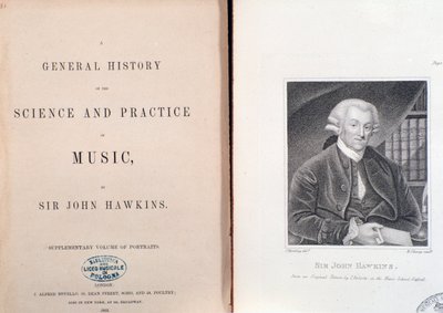 John Hawkinsin teoksessa General History Of The Science and Practice Of Music, tuplasivu ja etukappale tekijältä Unknown artist
