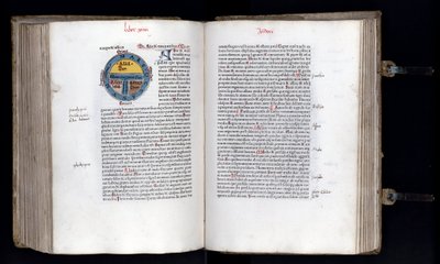 Kaksoissivu kaavamaisella maailmankartalla T-O (TO) -mallilla, kolme maanosaa on edustettuna (Aasia, Afrikka ja Eurooppa). Käsikirjoitus "" Ethymologies"" (Etymologiae) kirjoittaja Isidorus (Isidore of Sevilla) (560/570-636) 1100-luku. 1472 tekijältä Unknown artist