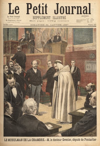 Tohtori Grenier, Pontarlierin edustaja, äskettäin islamiin kääntynyt, aiheuttaa skandaalin menemällä edustajahuoneeseen arabipuvussa. Kaiverrus "" Le petit Journal" -lehdessä 24/01/1897. Selva Collection. tekijältä Unknown artist