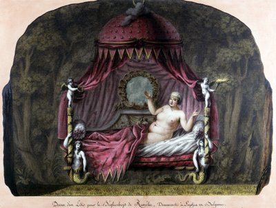 Piirustus sängystä Sofiassa, Bulgariassa asuvalle bey di Roumelielle. Alaston nainen kutsuu hänet mukaansa. J. J. Lepreu. tekijältä Unknown artist