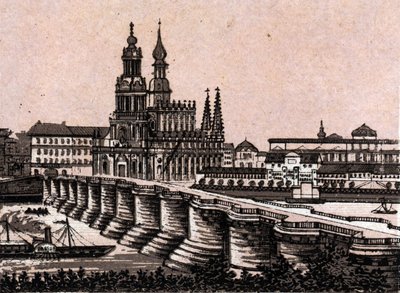 Dresden, Saksa: näkymä Augustus-sillalle Dresdenissä. kirjassa "" Maailma havainnollistaa 168 näkymää"" Päiväämätön (1800-luvun loppu) tekijältä Unknown artist
