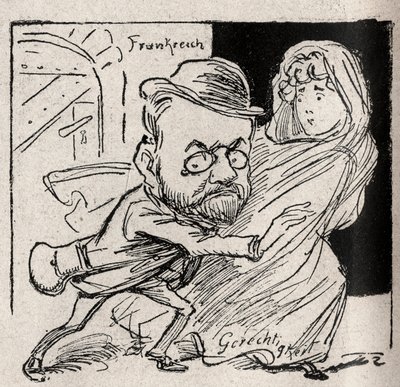 Dreyfusin tapaus - Emile Zolalla on oikeutta: tule kanssani, rahastonhoitajani, täällä emme enää halua kuulla meitä - Piirustus julkaistiin itävaltalaisessa sanomalehdessä "Der Floh" vuonna 1898 (jäljennetty Le Riressä tekijältä Unknown artist