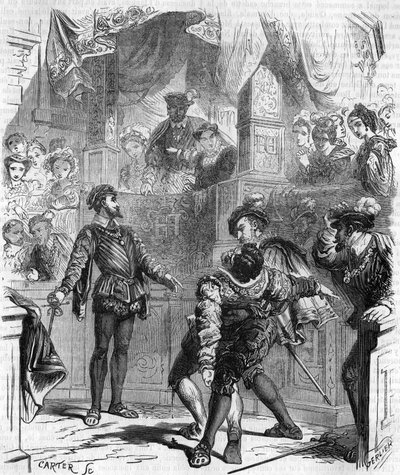 Kaksintaistelu François de La Chataigneraien miekalla Guy de Jarnacia vastaan; Jarnac loukkasi tappavasti vastustajaansa leikkaamalla hänen varttansa; vuonna 1547, kaiverrus 1800-luvulta. tekijältä Unknown artist