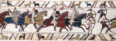 Herttua William rohkaisee joukkojaan valmistautumaan taisteluun Englannin armeijaa vastaan, Bayeux Tapestry (villakirjonta pellavalle) tekijältä Unknown artist