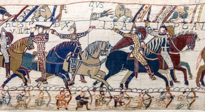 Duke William näyttää kasvonsa armeijalleen, Bayeux Tapestry (villakirjonta pellavalle) tekijältä Unknown artist