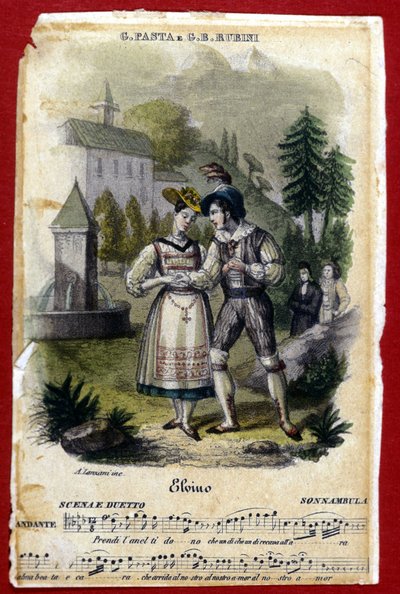 Duo Giuditta Pastan ja Gian Battista Rubinin välillä Vincenzo Bellinin oopperassa "La somnambule" "(" La Sonnambula "). Carcano Milanon teatterista. 1831. tekijältä Unknown artist