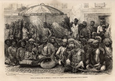 Durbar (ruhtinasvaltion feodaalinen ja oikeudellinen neuvosto) Maharaja Ranassa, Dholeporen valtakunnassa (Rajasthan). Kaiverrus l