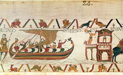 Earl Harold palaa Englantiin, Bayeux Tapestry (villakirjonta pellavalle) tekijältä Unknown artist