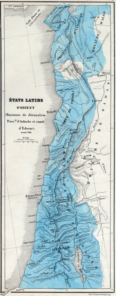 Itäiset Latinalaiset osavaltiot ennen vuotta 1144 - Jerusalemin kuningaskunta - Antiokian prinsippi - Edessan kreivi - Kartan laatinut M J-H Schnitzler, Historiallinen ja maalauksellinen atlas 1858 tekijältä Unknown artist