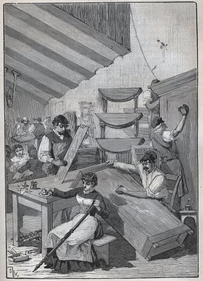 Ebenisterie: leimalakkauspaja. Kaiverrus vuodelta 1885 kirjassa "Les arts et metiers illustres", kirjoittanut Adolphe BITARD. tekijältä Unknown artist