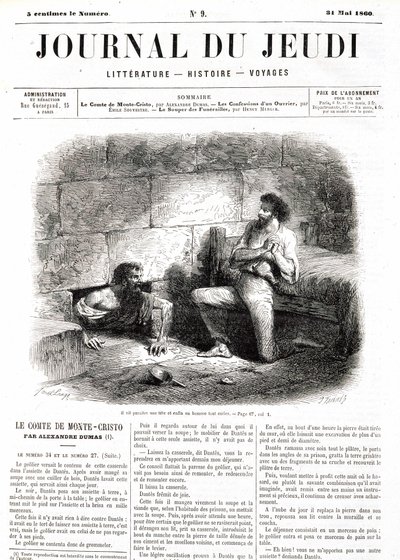 Edmond Dantes, Monte Criston kreivi (Monte Cristo) tapaa Abbe Farian vankilan onton tunnelin ansiosta - "" Le Journal du Thursdays" -lehdessä 31.5.1860 tekijältä Unknown artist