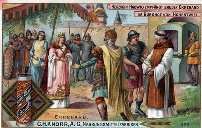 Ekkehard IV St. Gallenista (St. Gallen) tai Eckhard, Eckhart (980 -1057) oppinut ja latinalainen runoilija. Herttuatar Hadwig ottaa vastaan veli Ekkehardin Hohentwielin linnan pihalla. Verso: "" Veli Ekkehard, jonka herttuatar tilasi linnaonsa tekijältä Unknown artist