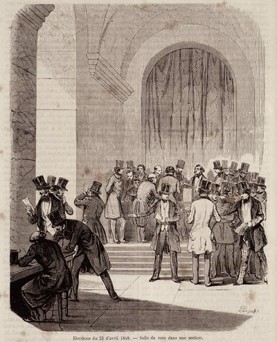 Vaalit 23. huhtikuuta 1848: äänestyshuone osiossa "" Nykyajan populaarihistoriassa"" tekijältä Unknown artist