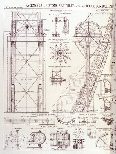Eiffel-tornin hissi ja nivelmännät (Roux-Combaluzier-järjestelmä) - teollinen muotoilu tekijältä Unknown artist