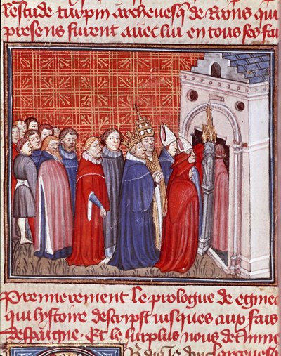 Keisari Kaarle (742-814) kruunuja astuu kirkkoon, jota seuraa pienoisprelaatit "" Les grandes Chronicles de France" -kirjasta" 1400-luvun Chantilly, Musee Conde tekijältä Unknown artist