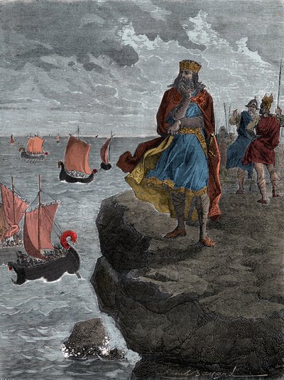 Keisari Kaarle (Carlo Magno) katselee normannilaisten alusten saapumista – Kuningas Kaarle (742/747-814), frankkien kuningas, katsoo aluksia, jotka ovat täynnä tunkeutuvia norjalaisia tekijältä Unknown artist