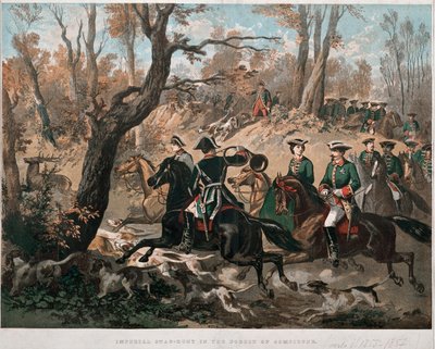 Keisari Napoleon III (1808-1873) ja hänen vaimonsa Eugenia de Montijo (1826-1920) kävelevät värillisen Compiegnen litografian metsässä noin 1855 Milanon Museo del Risorgimento tekijältä Unknown artist