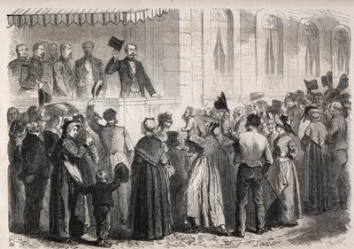 Keisari Napoleon III (1808-1873) Strauss a Vichyn huvilan terassilla, maaseudun ihmiset tervehtivät sunnuntaina 7. heinäkuuta 1861 - Kaiverrus "" The Illustrous World"" tekijältä Unknown artist