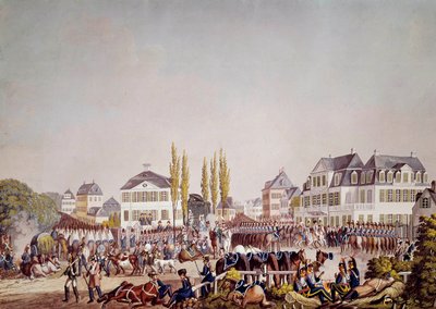 Keisari Napoleon I (1769-1821) arvioi joukkoja Frankfurtissa. Kaiverrus vuodelta 1813. Frankfurt, Historiallinen museo tekijältä Unknown artist