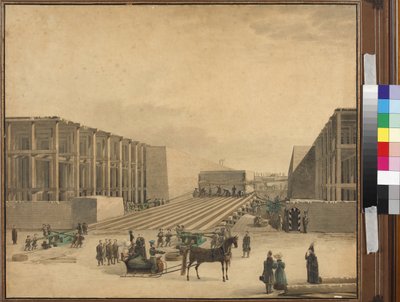 Keisari Nikolai I vierailemassa Aleksanterin pylvään rakennustyömaalla - Anonymous. Akvarelli paperille, vuoden 1836 jälkeen. Pietarin valtionhistoriallinen museo tekijältä Unknown artist
