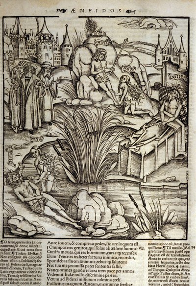 Eneide de Virgil (70 eKr.-19 eKr.), Kirja XII, Troijan sankari Eneet kohteli Venus ihmeellisesti, ja sitten hän päätti hyökätä Latinuksen kaupunkiin. Lazion kuningas kuolee (oikealla), ja Eneestä tulee kuningas, joka ytimentää edesmenneen Lavinin tytärtä tekijältä Unknown artist