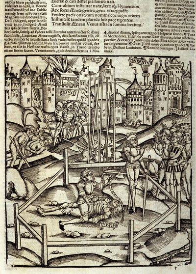 Eneide de Virgil (70 eKr.-19 eKr.), Kirja XII, Troijan sankarit Enee tappaa Turnus-taistelussa latinalaisten ja rutuleen silmien alla. Ksylografia Sebastian Brant (1458-1521). Strasbourg tekijältä Unknown artist