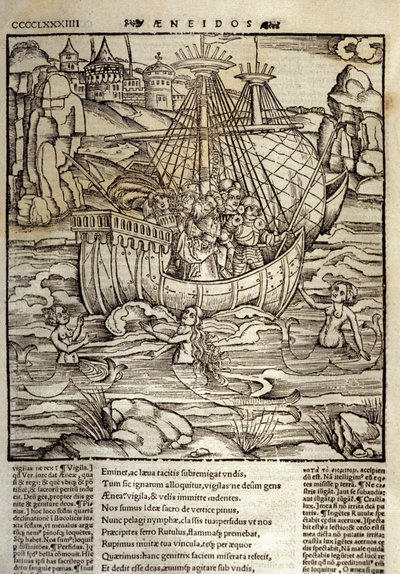 Eneide de Virgil (70 eKr.-19 eKr.), Troijan sankari Enee ja hänen toverinsa ylittävät meren, joka on täynnä sireeniä. Ksylografia Sebastian Brant (1458-1521). Strasbourg tekijältä Unknown artist