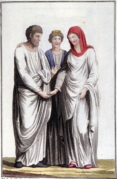 Kihlaus tai lupaus avioliitosta: dextrarum iunctio tai suorien käsien liitto. Kaiverrus 1800-luvulta. tekijältä Unknown artist