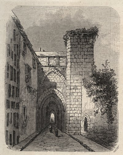 Jerusalemin arabien Medresen (korkeakoulun) sisäänkäynti, jonne temppelin Mesha-stele haudattiin - kaiverrus tammikuun 1873 maineikkaaan maailmaan tekijältä Unknown artist