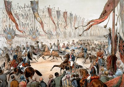 Englannin kuningattaren Victorian alkupala Pariisissa Napoleon III:n läsnäollessa 18. elokuuta tekijältä Unknown artist