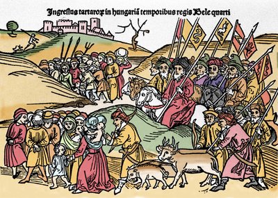 Tataarien saapuminen Unkariin Bela IV:n (1235-1270) vallan alla. Kaiverrus kirjasta "Chronica Hungariae". Biblioteca Marciana, Venetsia. tekijältä Unknown artist