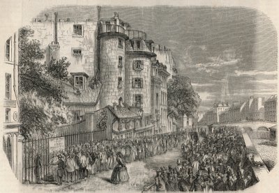 Poliisiprefektuurin sisääntulo rue de Jerusalemin varrella Quai des Orfevresin kulmassa Pariisissa 1800-luvulla ennen vuotta 1871 - Edmond Texierin kaiverrus Tableau-de-Parisissa 1852. tekijältä Unknown artist