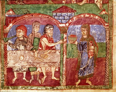 Episodi frankkien kuninkaan Clotaire I:n vaimon Sainte Radegonde (Radegundis) de Poitiersin (519-587) elämästä: Radegonde palvelee hyväntekeväisyystyönsä aikana köyhien pöydässä. Miniatyyri 1000-luvun käsikirjoituksesta. Poitiersin kaupunginkirjasto tekijältä Unknown artist