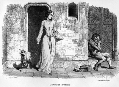 Esmeralda tapaa Quasimodon Notre Dame de Parisissa. tekijältä Unknown artist